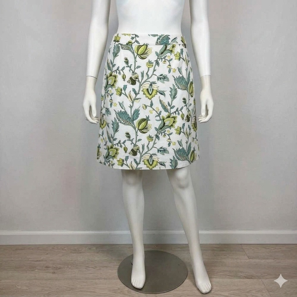 Ann Taylor LOFT 12 Floral Linen Skirt Green Teal White Spring Garden Cottagecore